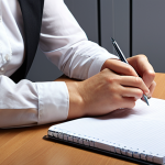 **Image Prompt 1:** A German office worker sitting at a tidy desk, thoughtfully writing in a journal or notebook. The scene should convey a sense of focus and reflection, perhaps with a calendar or to-do list visible in the background. The style should be realistic and professional.