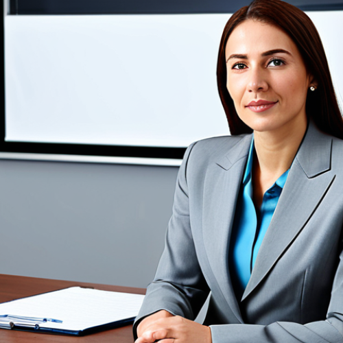 Home 7 A professional businesswoman in a modest business suit, sitting at a desk in a modern office, fully clothed, appropriate attire, safe for work, perfect anatomy, natural proportions, professional photography, high quality.