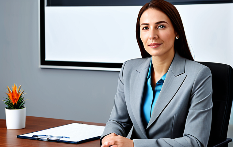 A professional businesswoman in a modest business suit, sitting at a desk in a modern office, fully clothed, appropriate attire, safe for work, perfect anatomy, natural proportions, professional photography, high quality.